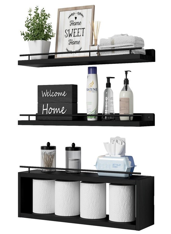 WOPITUES Floating Shelves for Wall 24 inch with Cube Shelf, Wall Shelves with Metal Rail for Decor, Bathroom Organizers and Storage, Over Toilet Shelves for Bathroom, Toilet Paper-Black - Image 1
