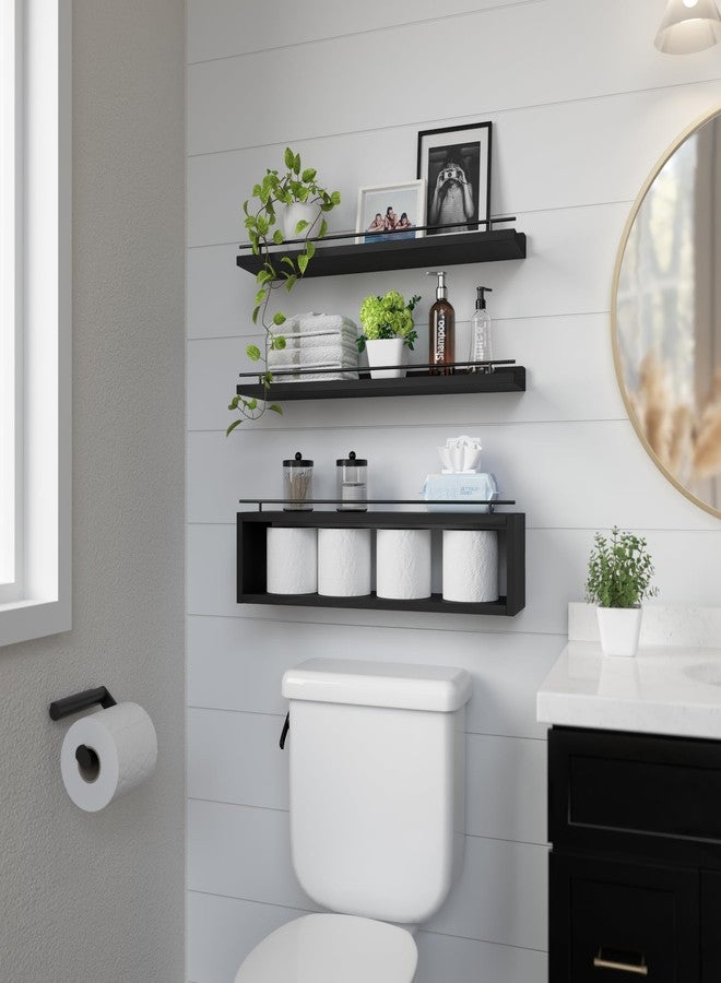 WOPITUES Floating Shelves for Wall 24 inch with Cube Shelf, Wall Shelves with Metal Rail for Decor, Bathroom Organizers and Storage, Over Toilet Shelves for Bathroom, Toilet Paper-Black - Image 3