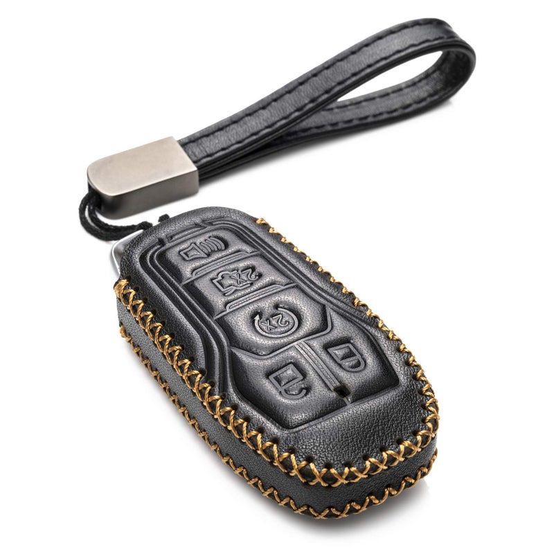 Vitodeco Genuine Leather Smart Key Fob Case Cover Protector Compatible for Ford Fusion Explorer Escape Edge F150 Mustang 2015 2017 Models 5Button Black