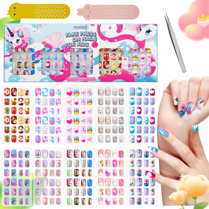 240Pcs Kids False Nail with Nail Glue Children Girls Press on short Nails No fading Stable Quick Stick on Cute Pre Glue Full Cover Acrylic Nail Tip Kit Gift for Kids Nail DecorationRainbow Unicorn