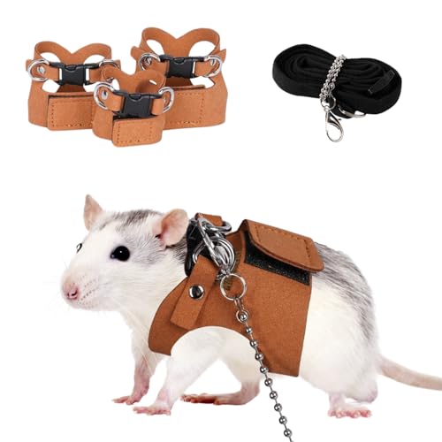 SEZDEKI 3 Pack Rat Harness and Leash - Adjustable Soft Leather Small Animal Harness Leash Traction Rope Anti-Bite Chain Training Walking Vest Accessories for Squirrel Reptile (Brown) - Image 1