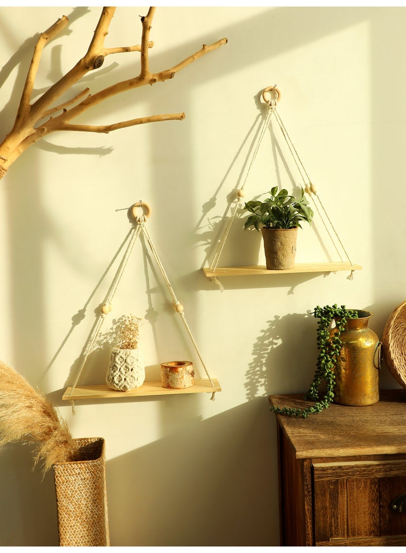 1-Piece Hanging Rope Triangle Wall Shelf, floating shelf，Boho Style Wooden Storage Rack for Living Room Bedroom Entryway - Image 1