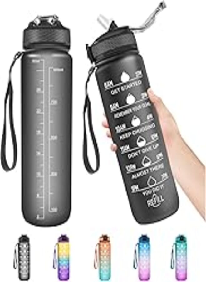 1 Litre Water Bottle with Straw, Time Markings Motivational Sport Water Bottle, Bpa Free Tritan Drinks Bottle for Girls, Boy, Fitness, Outdoor, Cycling, Gym, School & Office (Matte Black)