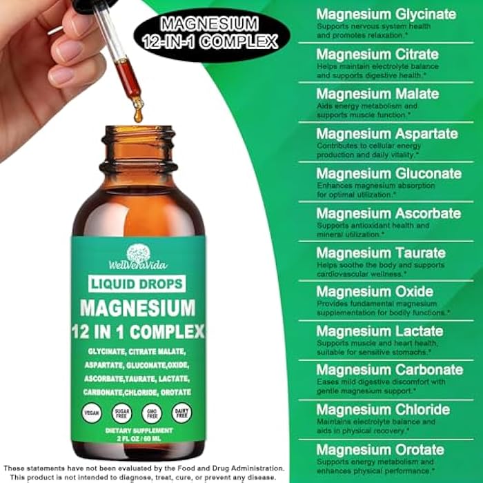 WellVeraVida Magnesium Complex 700mg, 12 in 1 Magnesium Supplement with Glycinate Citrate Malate Oxide Taurate Aspartate Orotate Magnesium Relaxation, Muscle, Sleep Support, High Absorption Liquid Magnesium丨Vegan - Image 2