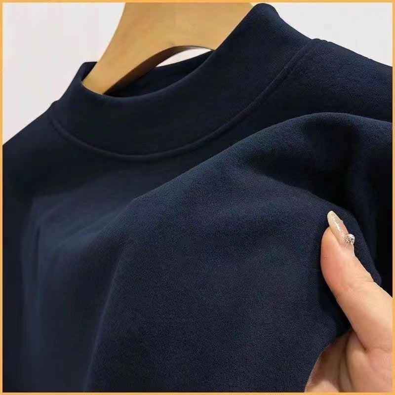 De Rong Constant Temperature Warm Cold-resistant fleece-lined Thickened Inner Mens Base Shirt Half-high Collar Solid Color Long-sleeved T-shirt Autumn Clothes Wine red - Image 2