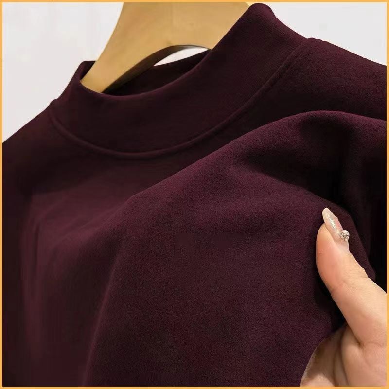 De Rong Constant Temperature Warm Cold-resistant fleece-lined Thickened Inner Mens Base Shirt Half-high Collar Solid Color Long-sleeved T-shirt Autumn Clothes Wine red - Image 1