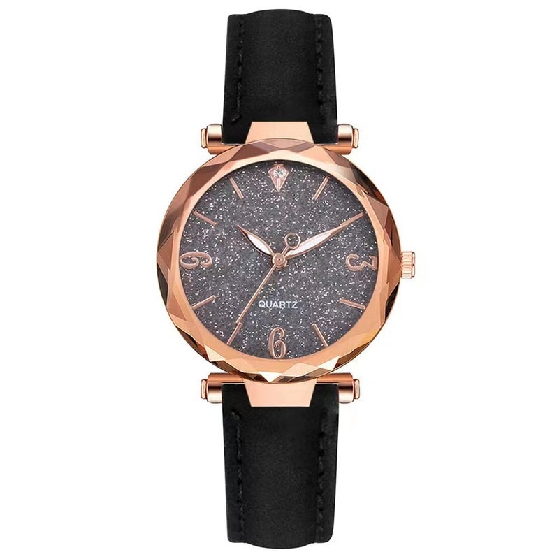 2023 New Cross-border Popular Powder Digital Face Wristwatch Womens 2-piece Set Hexagon Bracelet Ladies Watch Black 