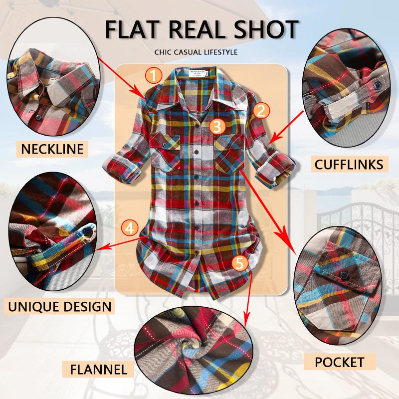 Match Womens Button Down Flannel Plaid Shirts roll up Long Sleeve Shackets Business Blouse Top (Large, Checks#13) - Image 5