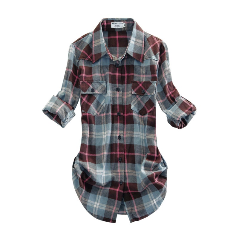 Match Womens Button Down Flannel Plaid Shirts roll up Long Sleeve Shackets Business Blouse Top (Large, Checks#13) - Image 1