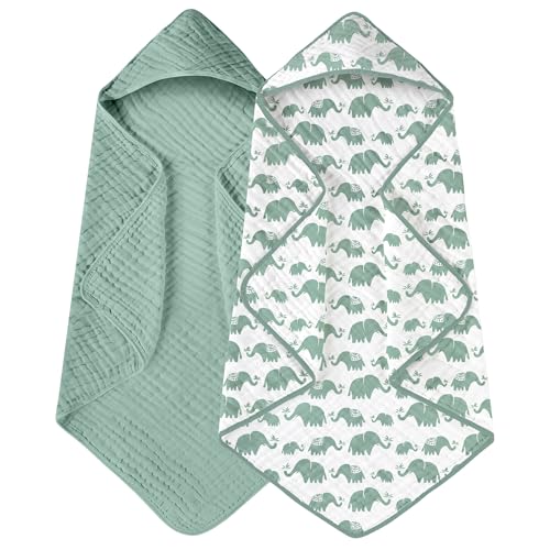 Yoofoss Hooded Baby Towels for Newborn 2 Pack 100 Muslin Organic Cotton Baby Bath Towel with Hood for Babies Infant Toddler and Kids 32x32Inch Soft and Absorbent Newborn Essential Green Elephant - Image 1