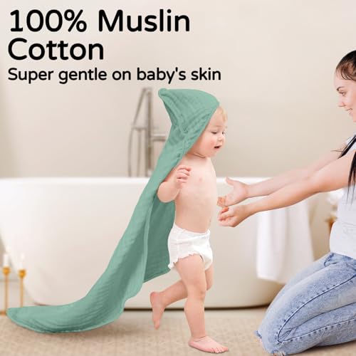 Yoofoss Hooded Baby Towels for Newborn 2 Pack 100 Muslin Organic Cotton Baby Bath Towel with Hood for Babies Infant Toddler and Kids 32x32Inch Soft and Absorbent Newborn Essential Green Elephant - Image 3
