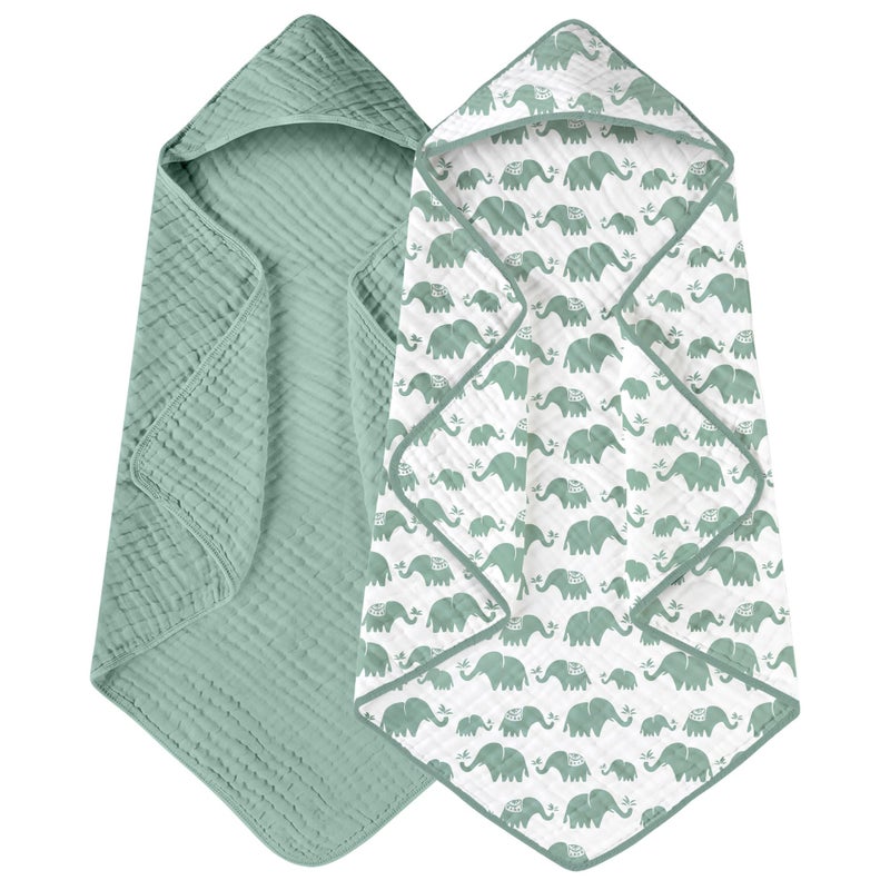 Yoofoss Hooded Baby Towels for Newborn 2 Pack 100 Muslin Organic Cotton Baby Bath Towel with Hood for Babies Infant Toddler and Kids 32x32Inch Soft and Absorbent Newborn Essential Green Elephant - Image 2