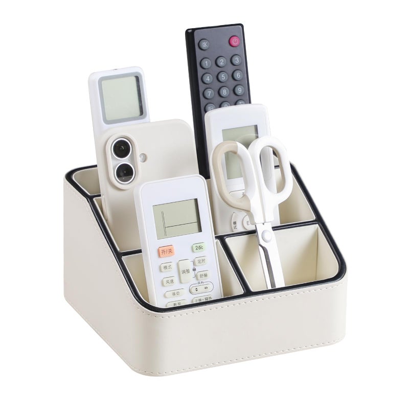 MEIBOOCH Remote Control Holder PU Leather Small Desk Organizer with 4 Compartments Nightstand Organizer Office Desk Accessories Desk Caddy for Countertop Bedside End Table Cream - Image 2
