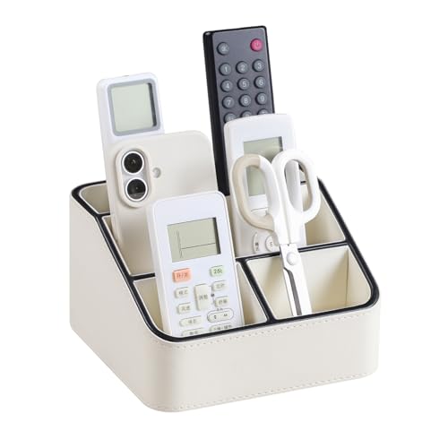 MEIBOOCH Remote Control Holder PU Leather Small Desk Organizer with 4 Compartments Nightstand Organizer Office Desk Accessories Desk Caddy for Countertop Bedside End Table Cream - Image 1