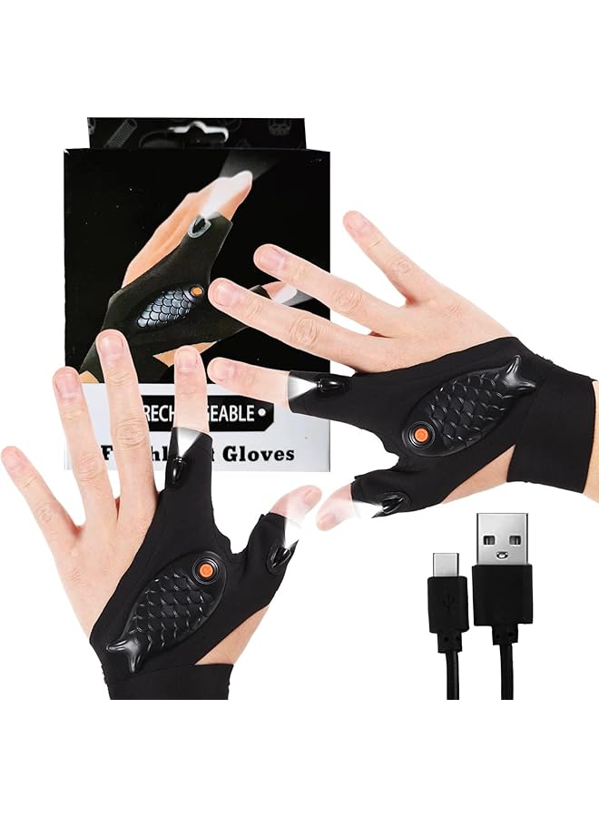 Rechargeable LED Flashlight Gloves Led Flashlight Gloves for Men Birthday Gifts for Husband/Boyfriend Fit for Car Repairing Night Fishing Running Camping Hiking (1 Pair Black Rechargeable) - Image 1