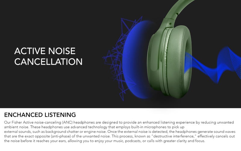 Fisher Pro Active Noise Cancelling Headphones, Over Ear Headphones Wireless Bluetooth 5.3, Microphone, Lightweight Comfortable Headset for Home, Travel, Rechargeable Workout Headphones, Deep Base - Image 5