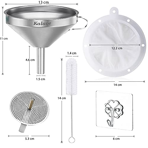 KALAVE Premium Stainless Steel Funnel, 5 Inch Food Grade Kitchen Funnels with 200 Mesh Food Filter Strainer for Filling Bottles, Oils, Juice, Wine, Coffee, Milk - Image 2