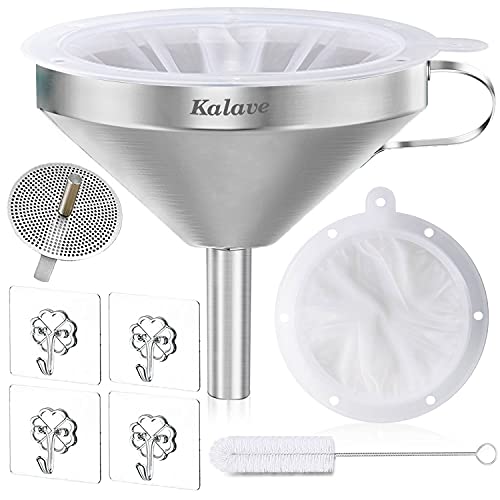 KALAVE Premium Stainless Steel Funnel, 5 Inch Food Grade Kitchen Funnels with 200 Mesh Food Filter Strainer for Filling Bottles, Oils, Juice, Wine, Coffee, Milk - Image 1