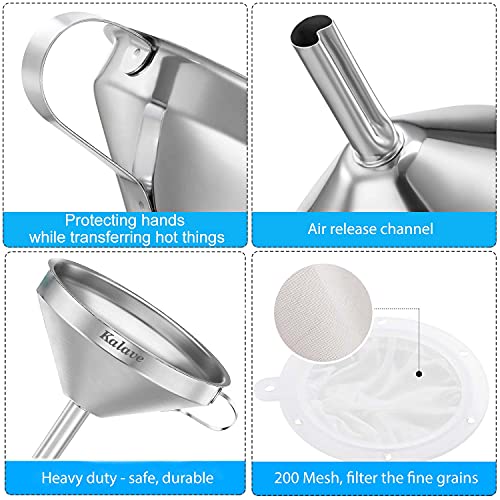 KALAVE Premium Stainless Steel Funnel, 5 Inch Food Grade Kitchen Funnels with 200 Mesh Food Filter Strainer for Filling Bottles, Oils, Juice, Wine, Coffee, Milk - Image 3