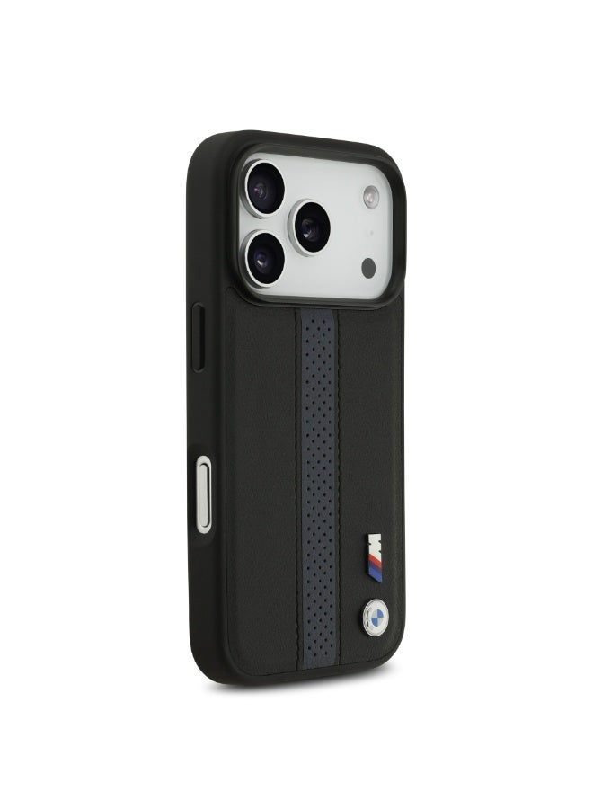 BMW iPhone 17 Pro Cover PU Leather Case / With Perforated Stripes & Metal Logos - Black - Image 4