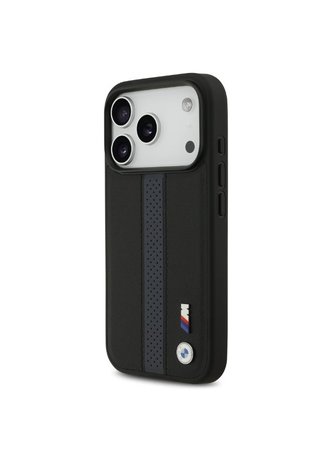 BMW iPhone 17 Pro Cover PU Leather Case / With Perforated Stripes & Metal Logos - Black - Image 3