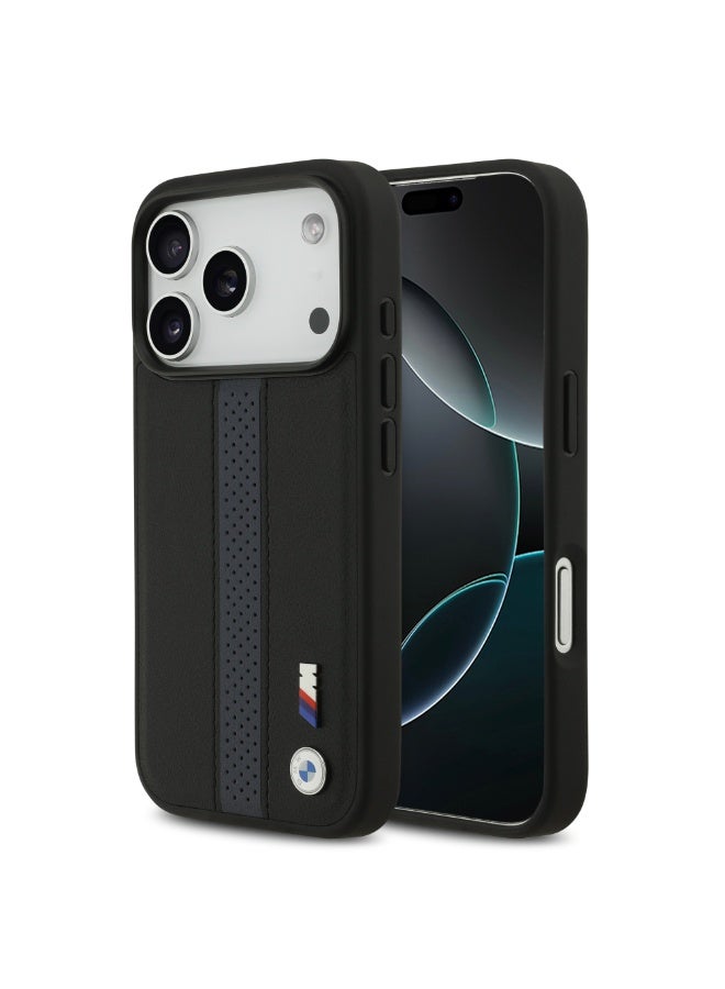BMW iPhone 17 Pro Cover PU Leather Case / With Perforated Stripes & Metal Logos - Black - Image 2