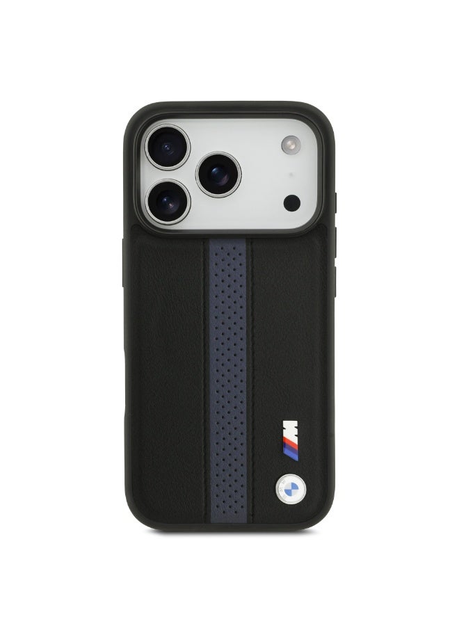 BMW iPhone 17 Pro Cover PU Leather Case / With Perforated Stripes & Metal Logos - Black - Image 1