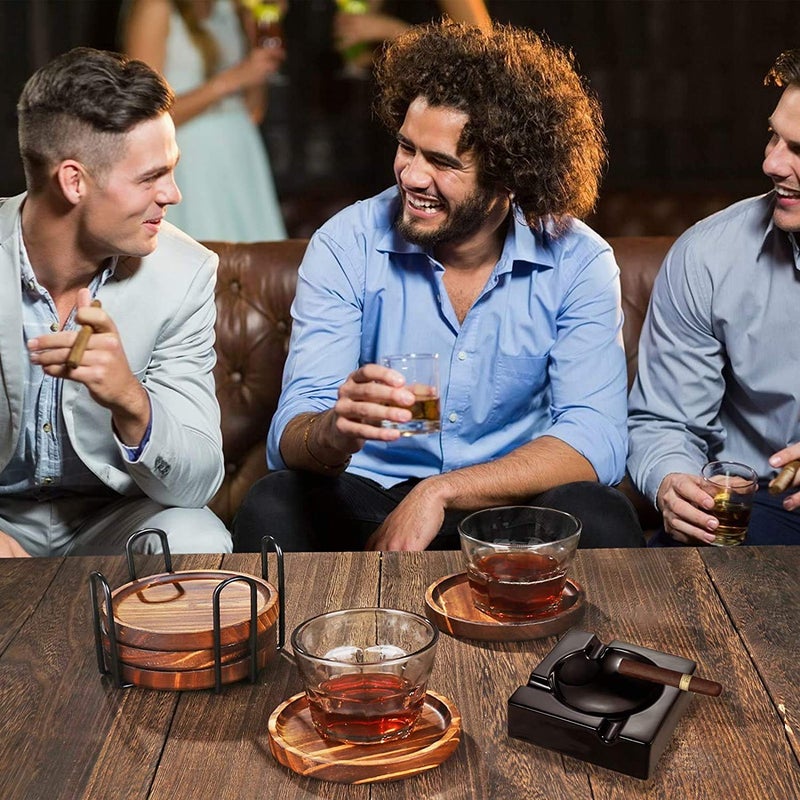 Yangbaga 6Pcs Wooden Coasters for Drink-Acacia Wood Drink Coasters Set with Holder for Coffee Table Decor,Modern Cup Coaster for Kitchen Accessories Cute Beer Bar Decorative Rustic Outdoor Coasters - Image 4