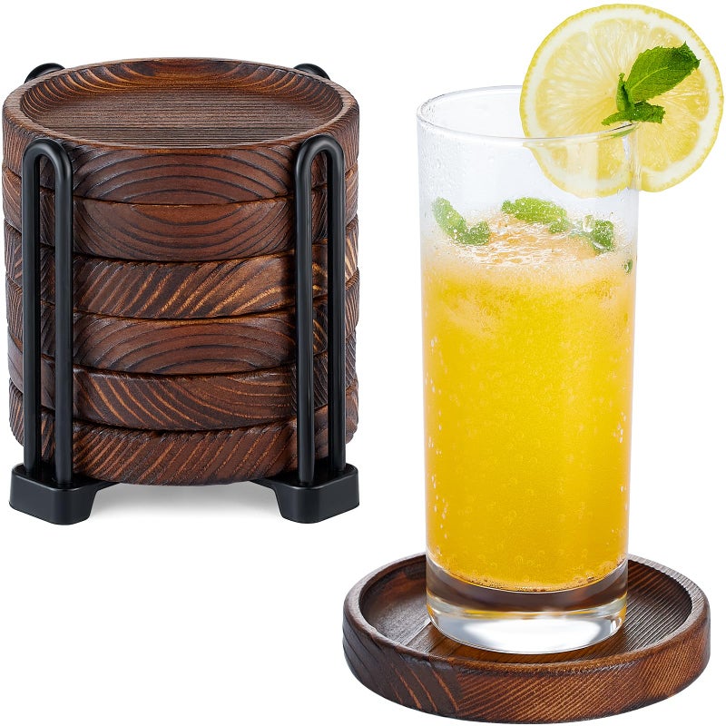 Yangbaga 6Pcs Wooden Coasters for Drink-Acacia Wood Drink Coasters Set with Holder for Coffee Table Decor,Modern Cup Coaster for Kitchen Accessories Cute Beer Bar Decorative Rustic Outdoor Coasters - Image 1
