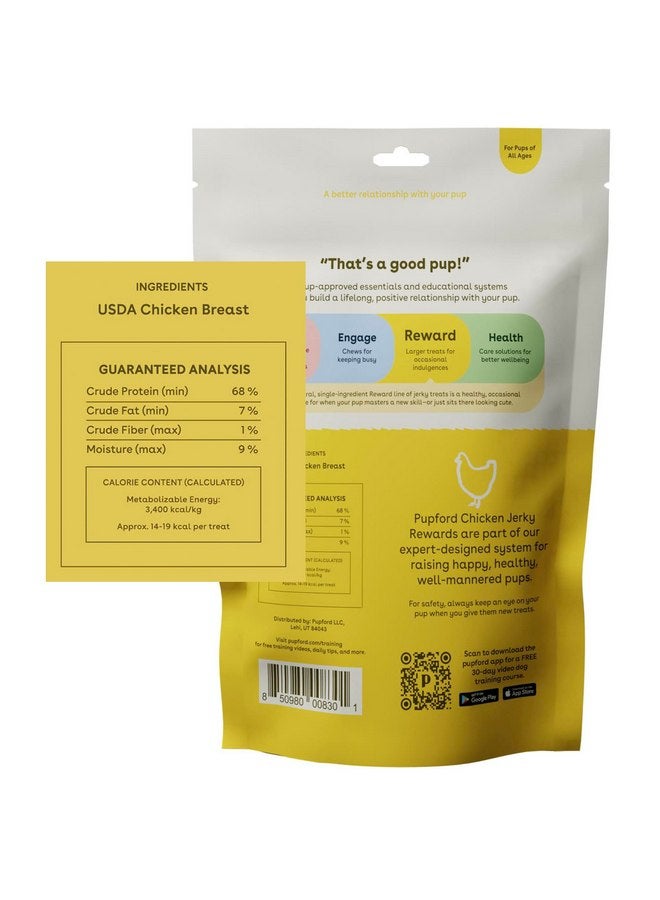 بوبفورد مكافآت Pupford Chicken Jerky للكلاب الكبيرة والصغيرة من جميع الأعمار | صُنعت في الولايات المتحدة الأمريكية، 100% لحوم حقيقية ولا تحتوي على مواد حشو | تحب الكلاب هذه الوجبات الخفيفة اللذيذة للكلاب (دجاج 4 أونصة) - Image 1