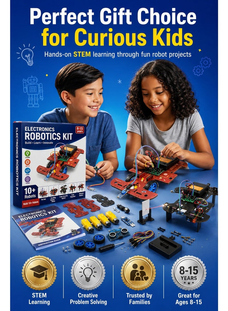 طقم روبوتات إلكترونية تعليمية للأطفال 8-15 سنة – مجموعة STEM لصنع أكثر من 10 روبوتات، سيارة روبوت DIY، تجارب علمية مع محركات، حساسات، عجلات، أسلاك ولوحة تحكم - Image 2