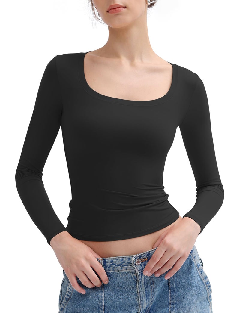 PUMIEY Women's Long Sleeve T Shirts Scoop Neck Slim Fit Going Out Tops Double Lined Basic Tee, Jet Black Large - Image 1