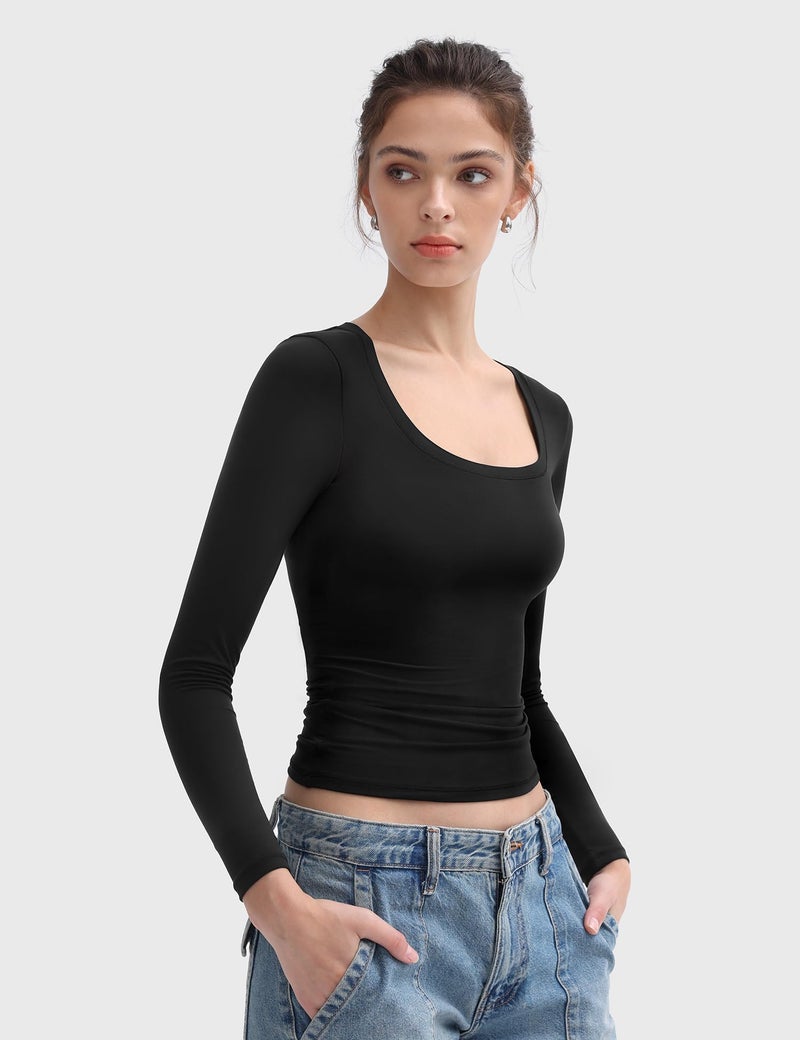 PUMIEY Women's Long Sleeve T Shirts Scoop Neck Slim Fit Going Out Tops Double Lined Basic Tee, Jet Black Large - Image 2