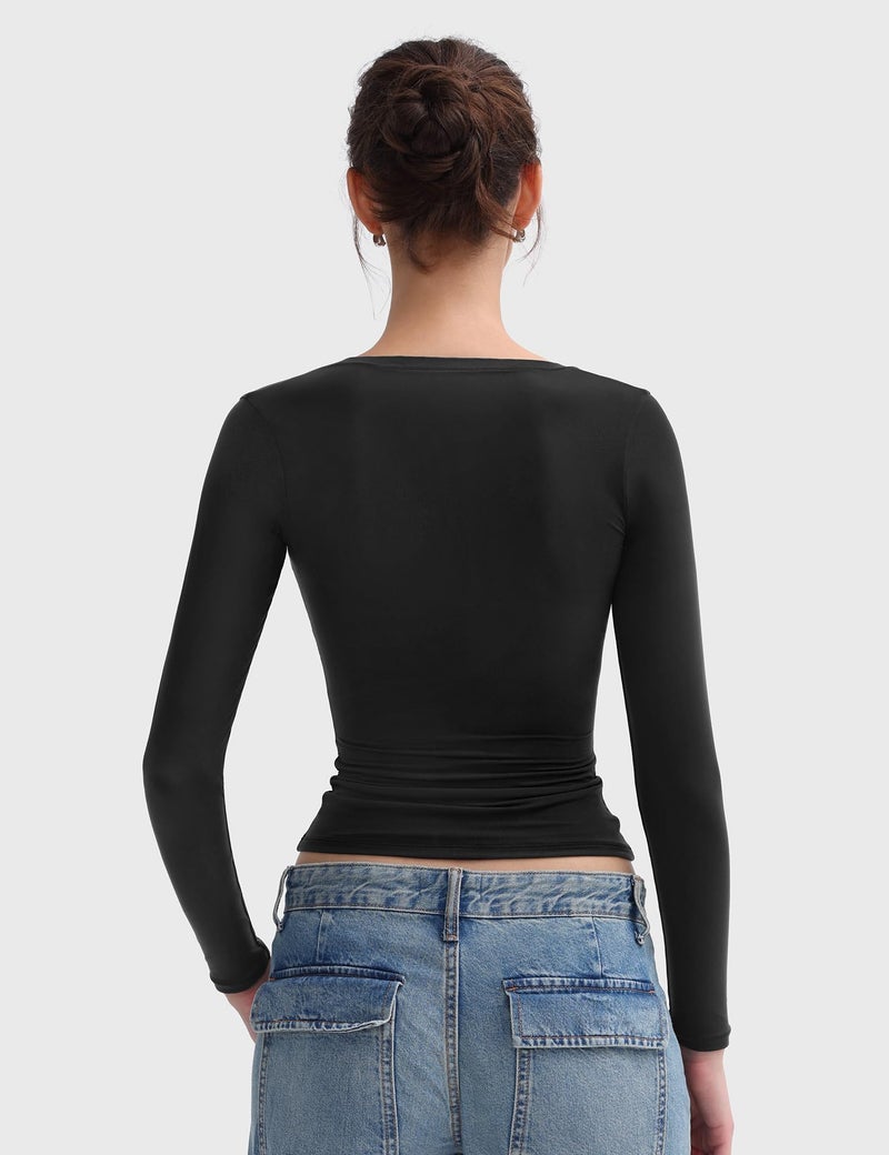 PUMIEY Women's Long Sleeve T Shirts Scoop Neck Slim Fit Going Out Tops Double Lined Basic Tee, Jet Black Large - Image 4