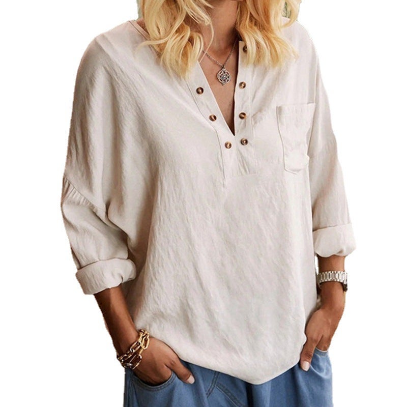 بلوزة نسائية طويلة الأكمام بلون سادة - Image 3