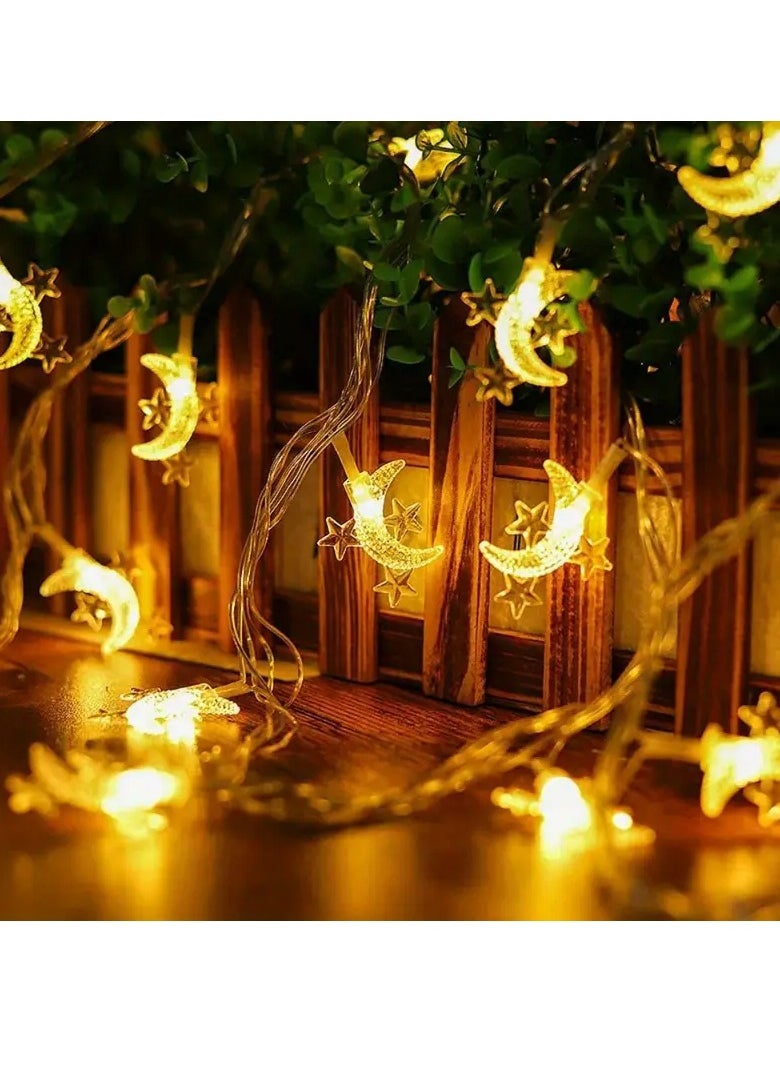 Toko - Warm White LED String Lights with Star & Crescent Moon Design | Battery Operated (AA Batteries Not Included) | Fixed White LED Lighting for a Ramadan Ambiance | 6m (40 LEDs) - Image 1