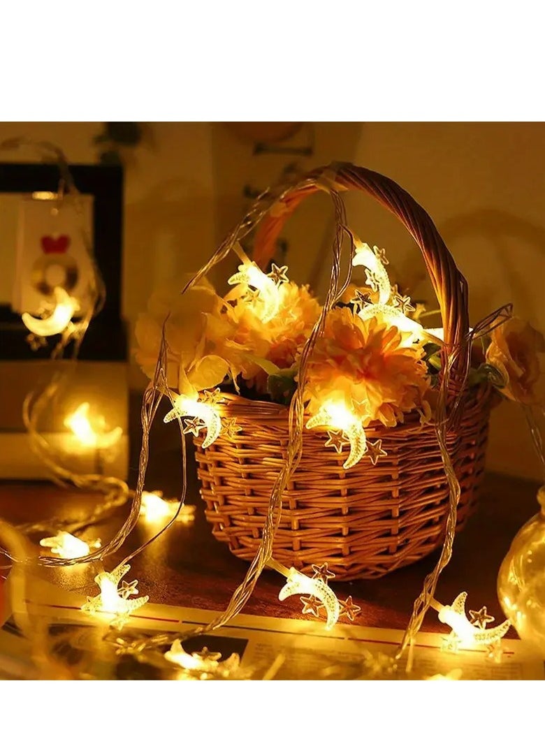 Toko - Warm White LED String Lights with Star & Crescent Moon Design | Battery Operated (AA Batteries Not Included) | Fixed White LED Lighting for a Ramadan Ambiance | 6m (40 LEDs) - Image 1