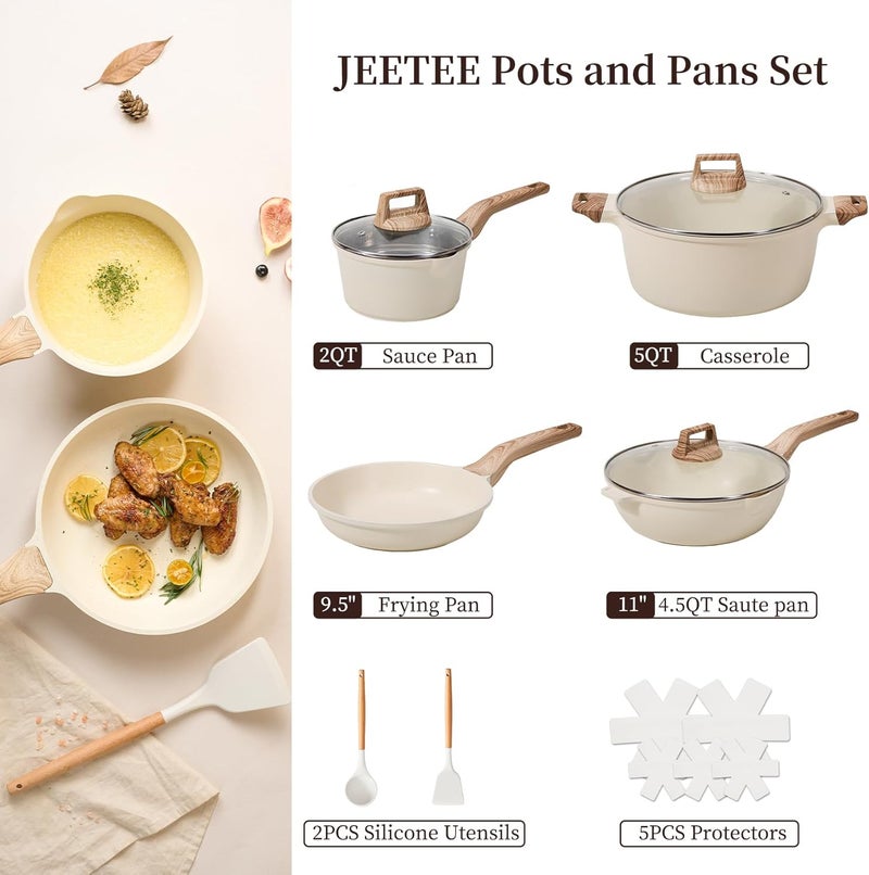 Jeetee Pots and Pans Set Non Stick, White Granite Kitchen Cookware Set, 14 Pcs Induction Cooking Set w/Frying Pans & Saucepans(PFAS/PFOS/PFOA Free) - Image 2
