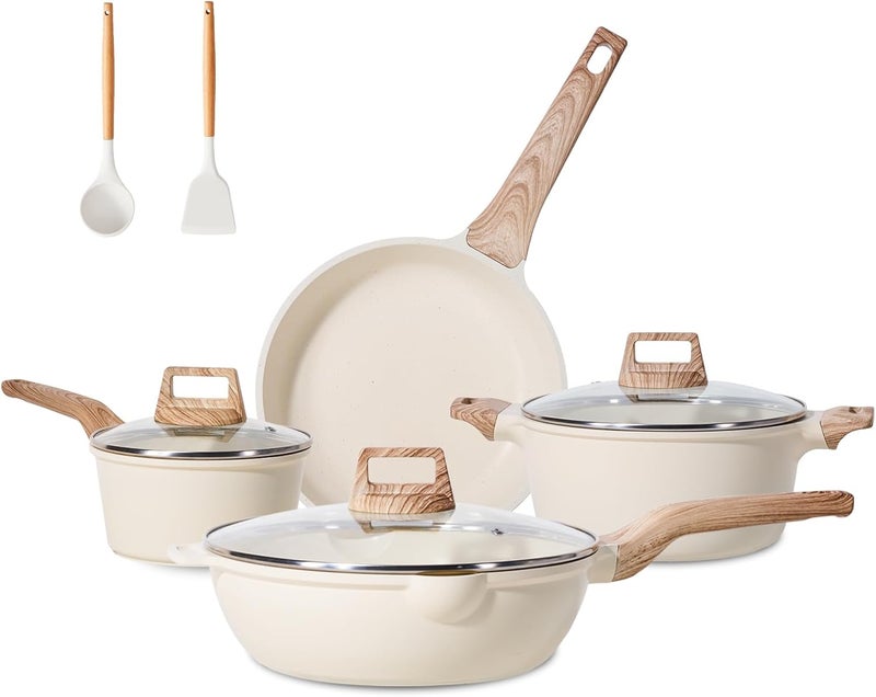 Jeetee Pots and Pans Set Non Stick, White Granite Kitchen Cookware Set, 14 Pcs Induction Cooking Set w/Frying Pans & Saucepans(PFAS/PFOS/PFOA Free) - Image 1