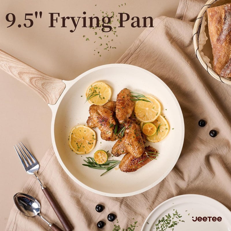 Jeetee Pots and Pans Set Non Stick, White Granite Kitchen Cookware Set, 14 Pcs Induction Cooking Set w/Frying Pans & Saucepans(PFAS/PFOS/PFOA Free) - Image 4