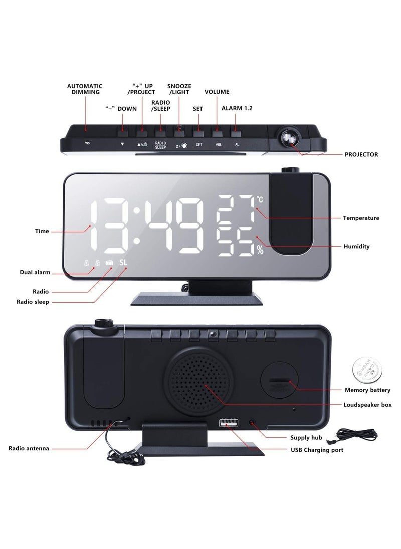 Generic - Projection Alarm Clock for Bedroom Ceiling Digital Radio Alarm Clock with USB Phone Charger Dual Alarm Clock with 2 Alarm Sounds 4 Dimmer 180° Rotable LED Screen Alarm Clock - Image 1