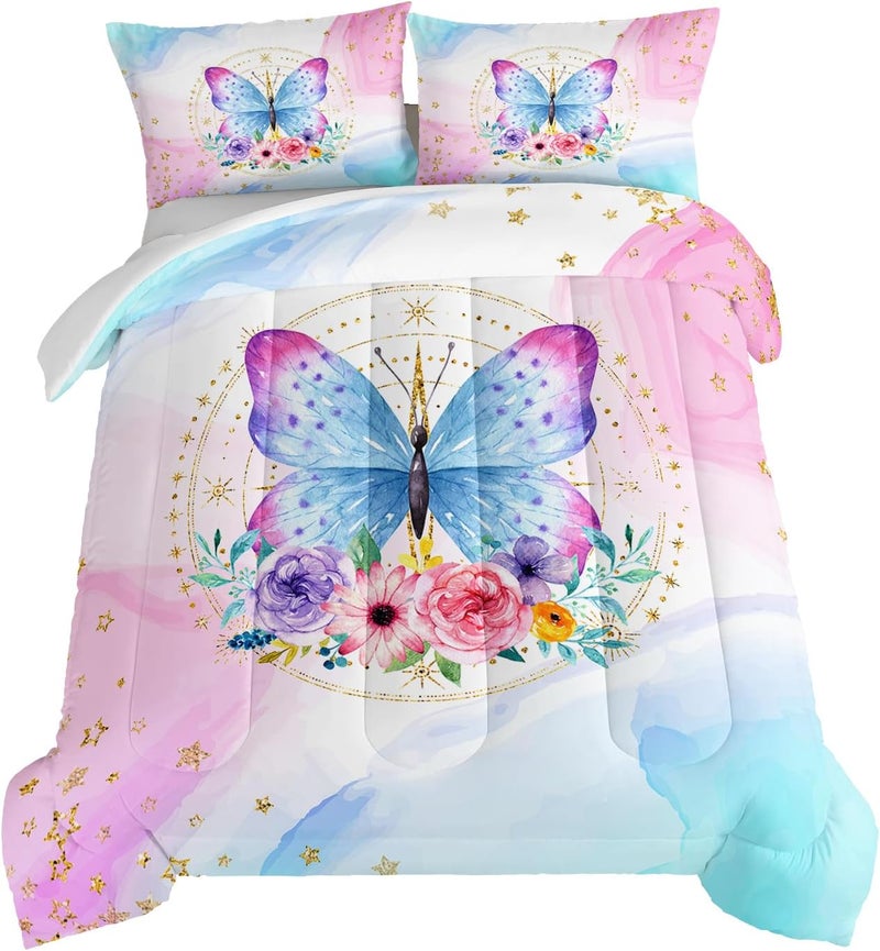 HOSIMA Butterfly Comforter Set for Girls, Pink Floral Comforter Twin Size with Golden Star and Colorful Butterfly Pattern, Includes 2 Pillowcases - Image 1