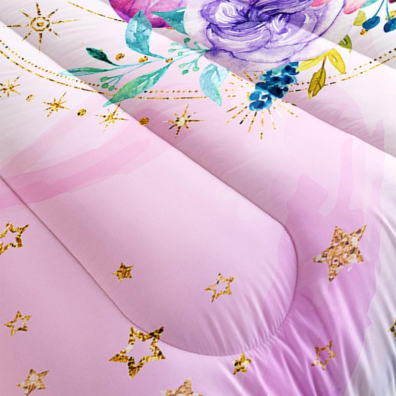 HOSIMA Butterfly Comforter Set for Girls, Pink Floral Comforter Twin Size with Golden Star and Colorful Butterfly Pattern, Includes 2 Pillowcases - Image 5