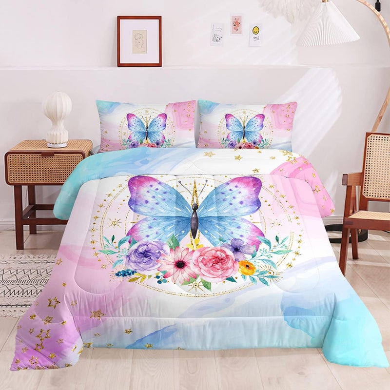 HOSIMA Butterfly Comforter Set for Girls, Pink Floral Comforter Twin Size with Golden Star and Colorful Butterfly Pattern, Includes 2 Pillowcases - Image 3