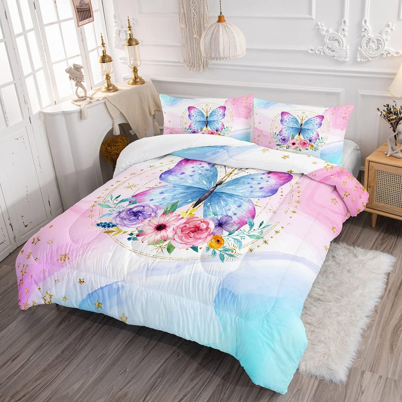 HOSIMA Butterfly Comforter Set for Girls, Pink Floral Comforter Twin Size with Golden Star and Colorful Butterfly Pattern, Includes 2 Pillowcases - Image 2