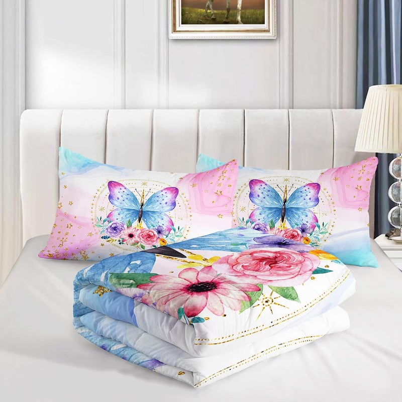 HOSIMA Butterfly Comforter Set for Girls, Pink Floral Comforter Twin Size with Golden Star and Colorful Butterfly Pattern, Includes 2 Pillowcases - Image 4