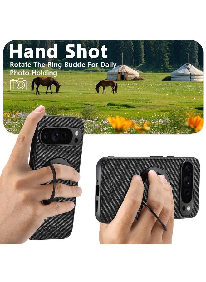 Suteni Case For Google Pixel 9 Pro XL G3 Carbon Fiber Leather 360 Rotation Holder MagSafe Phone Case - Image 4