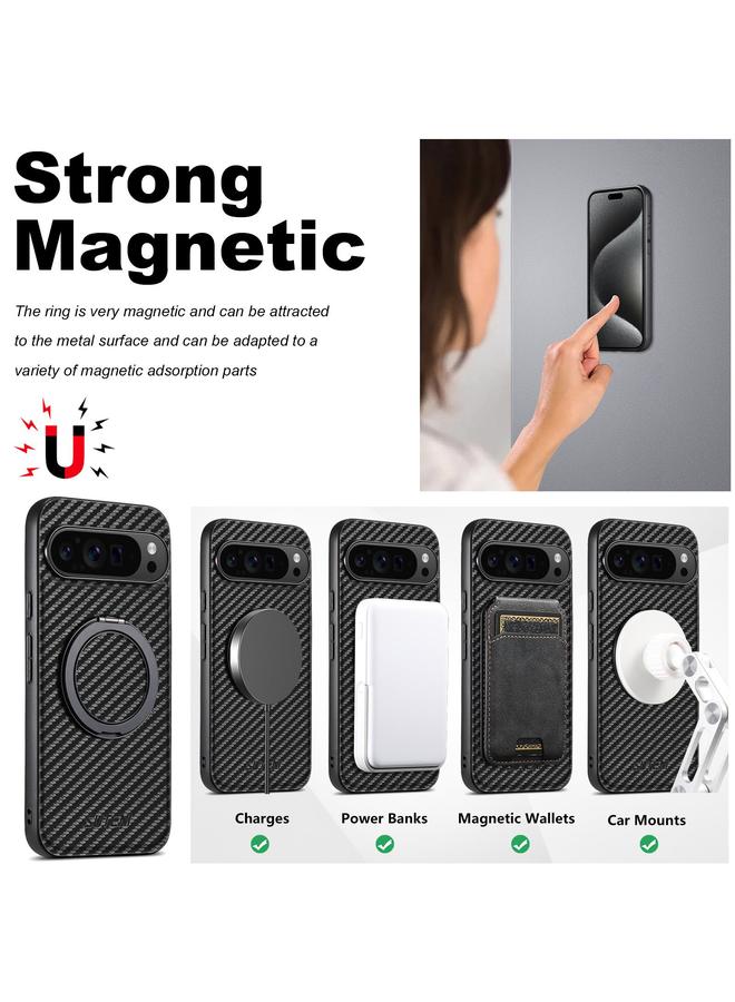 Suteni Case For Google Pixel 9 Pro XL G3 Carbon Fiber Leather 360 Rotation Holder MagSafe Phone Case - Image 3
