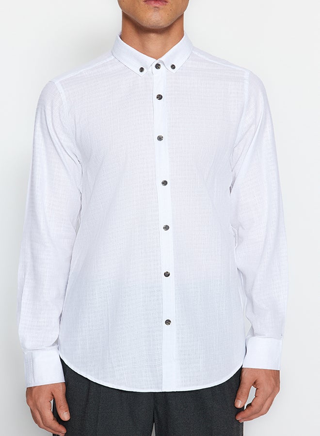trendyol White Slim Fit Textured Cotton Shirt TMNAW23GO00162 - Image 3