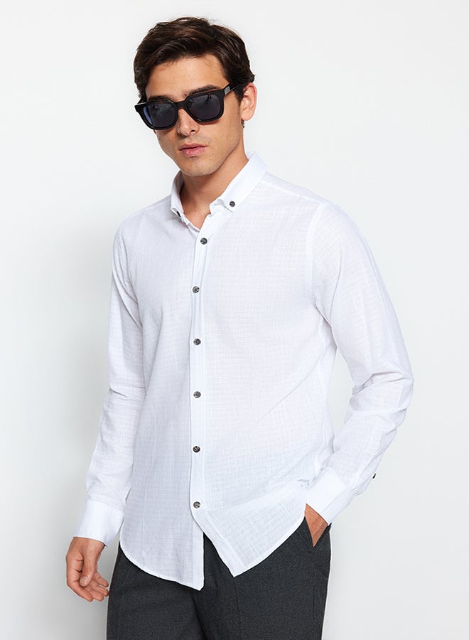 trendyol White Slim Fit Textured Cotton Shirt TMNAW23GO00162 - Image 2